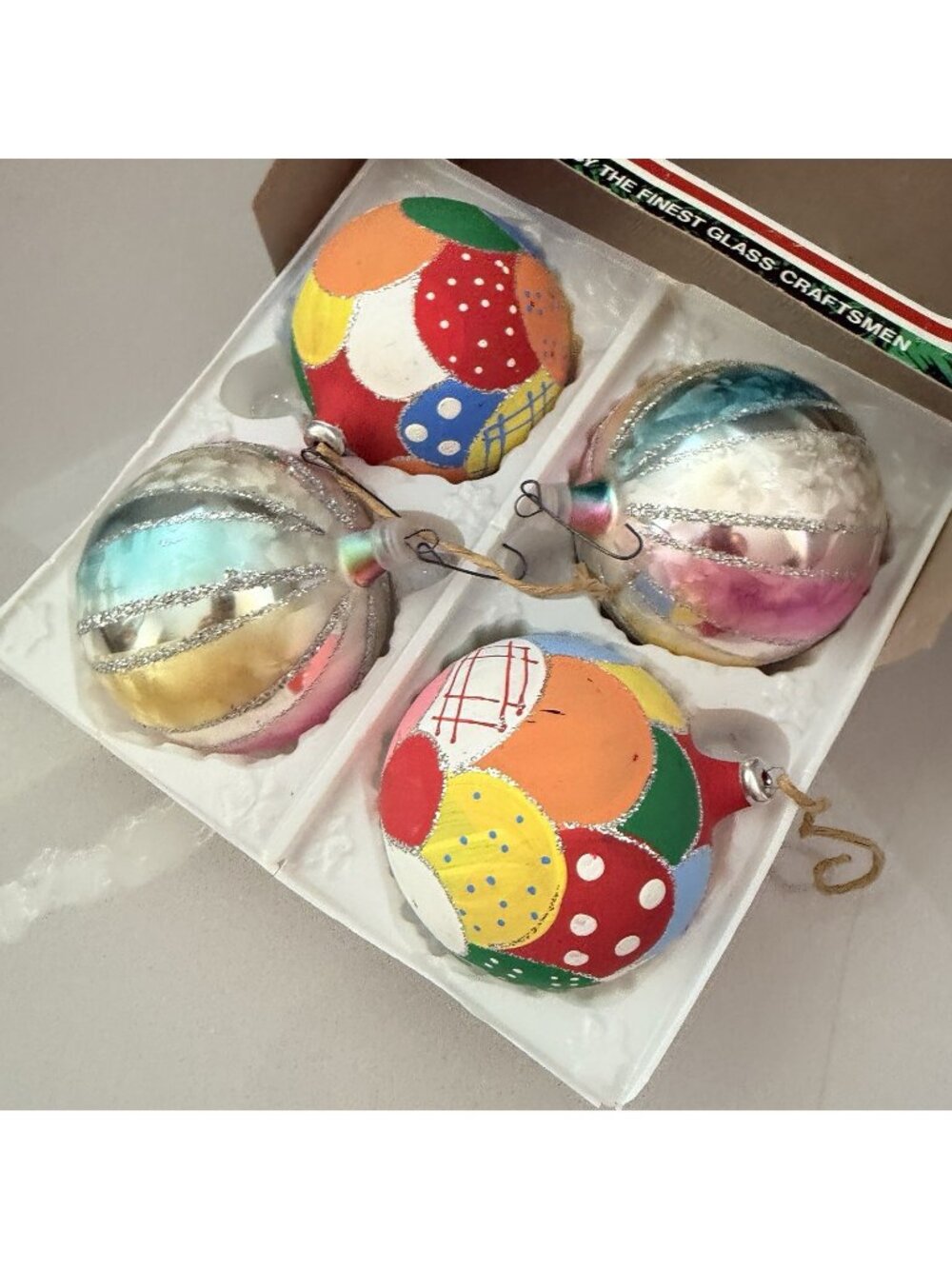 Vintage Kurt Adler Glass Christmas Glass Ornaments Set Of 4  Hand Painted Boxed
